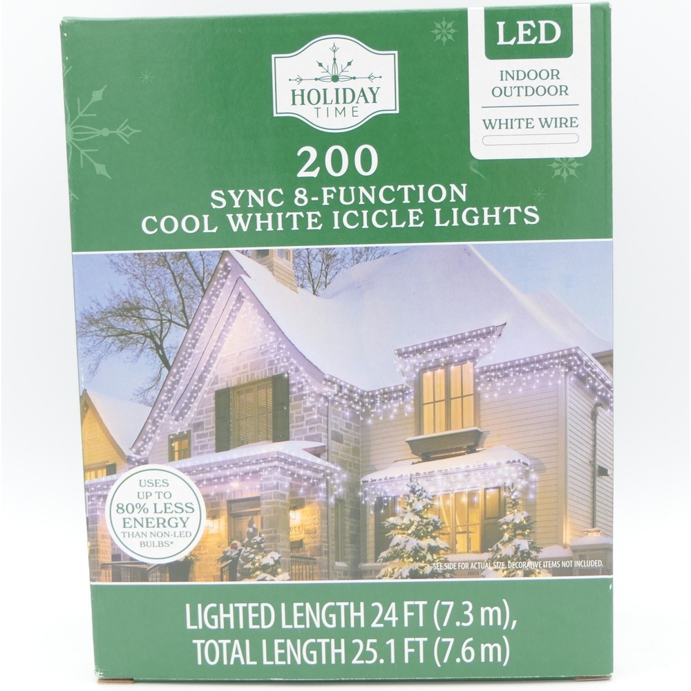 Holiday Time 200 Ct LED Sync 8-Function Cool White Icicle Lights White Wire
